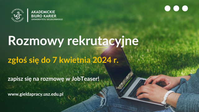 Ulotka: Akademickie Biuro Karier. Rozmowy rekrutacyjne. Osoba z laptopem na kolanach